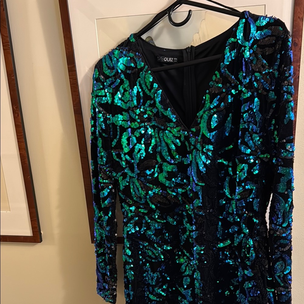 Sequined Long Sleeve Dress - Black and Green